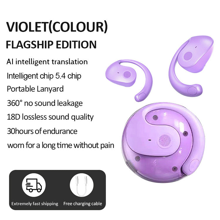 Purple T2 AI Smart Translation Earbuds - Open-Ear OWS Bluetooth 5.4 Headphones with Simultaneous Interpretation & IPX4 Waterproof