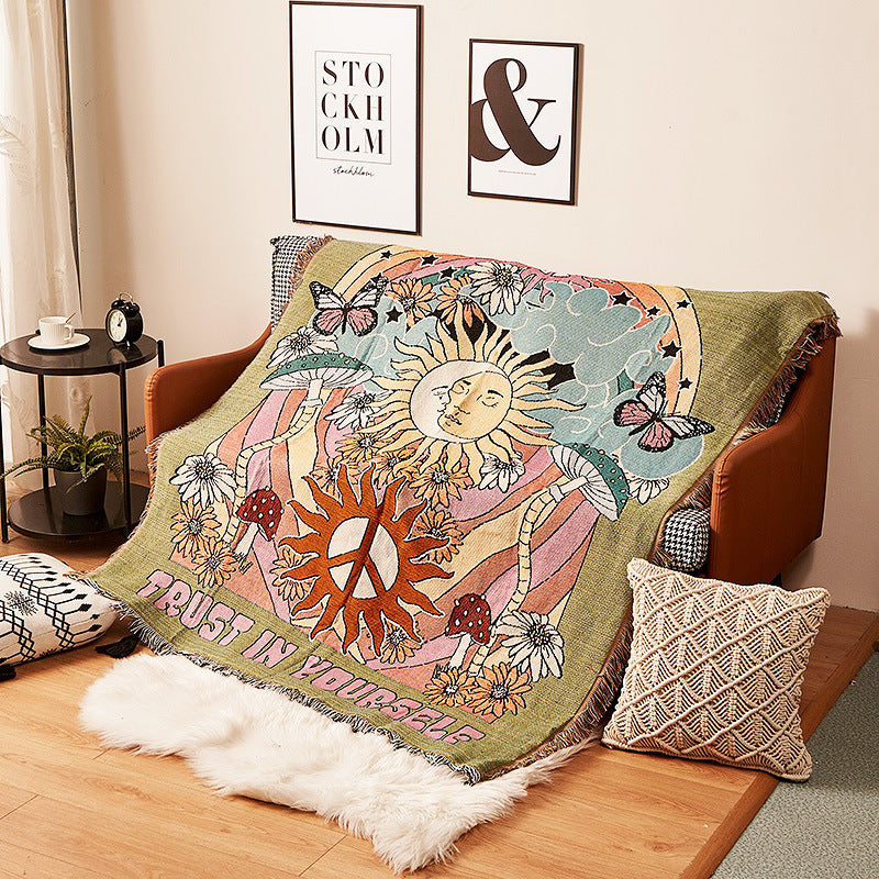 Humen Face Sun Artistic Jacquard Throw Blanket - American Style Illustrated Sofa Cover & Tapestry - 130 x 160cm