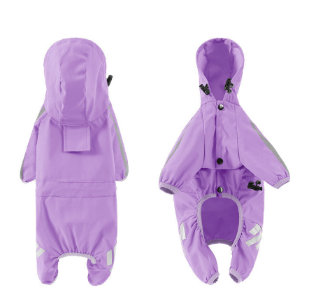 XXL Purple And Gray Trim Waterproof Four-Legged Dog Raincoat with Leash Hole for Small Breeds