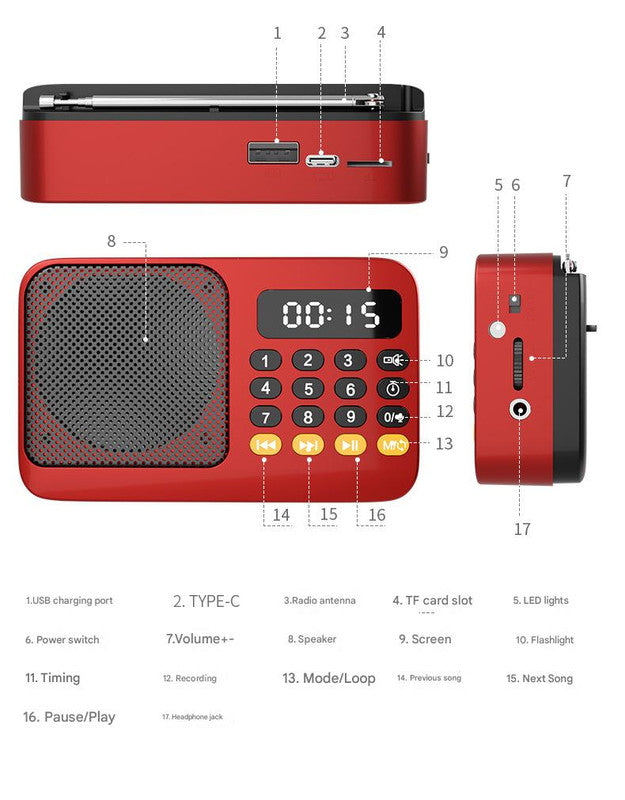 Portable Digital Music Player & FM Radio,4 Playback Modes, LED Flashlight(Red)