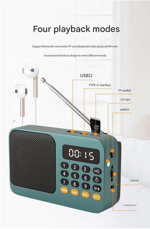 Portable Digital Music Player & FM Radio,4 Playback Modes, LED Flashlight(Blue)
