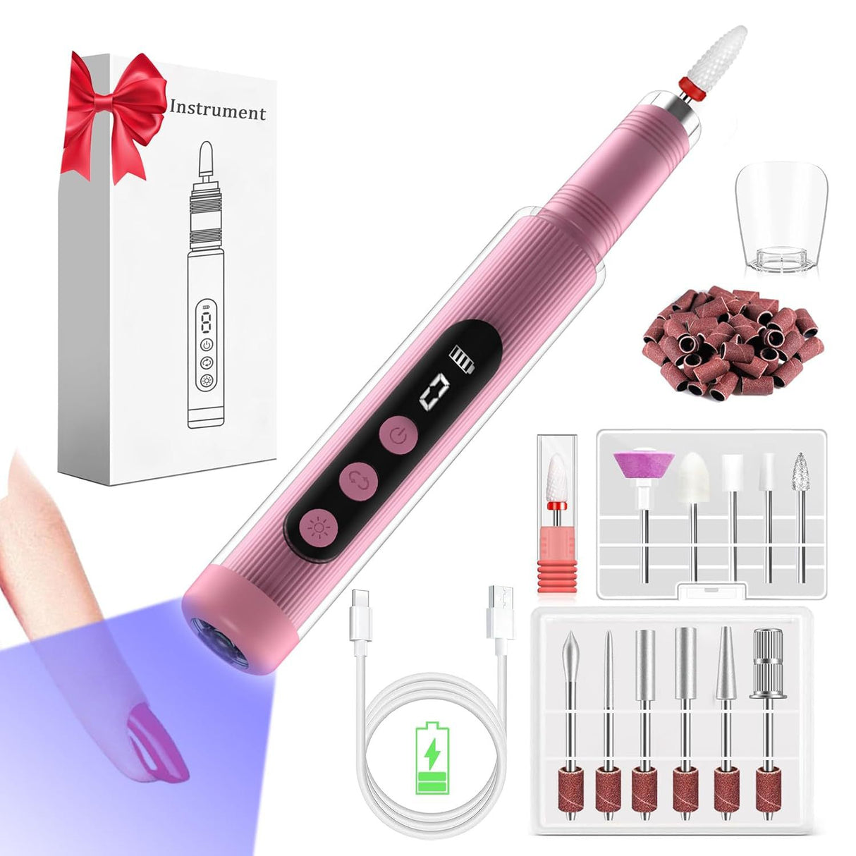 Portable Cordless Electric Nail Drill Kit with UV Lamp - 0-20000RPM, LED Display, 12 Bits(Purple)