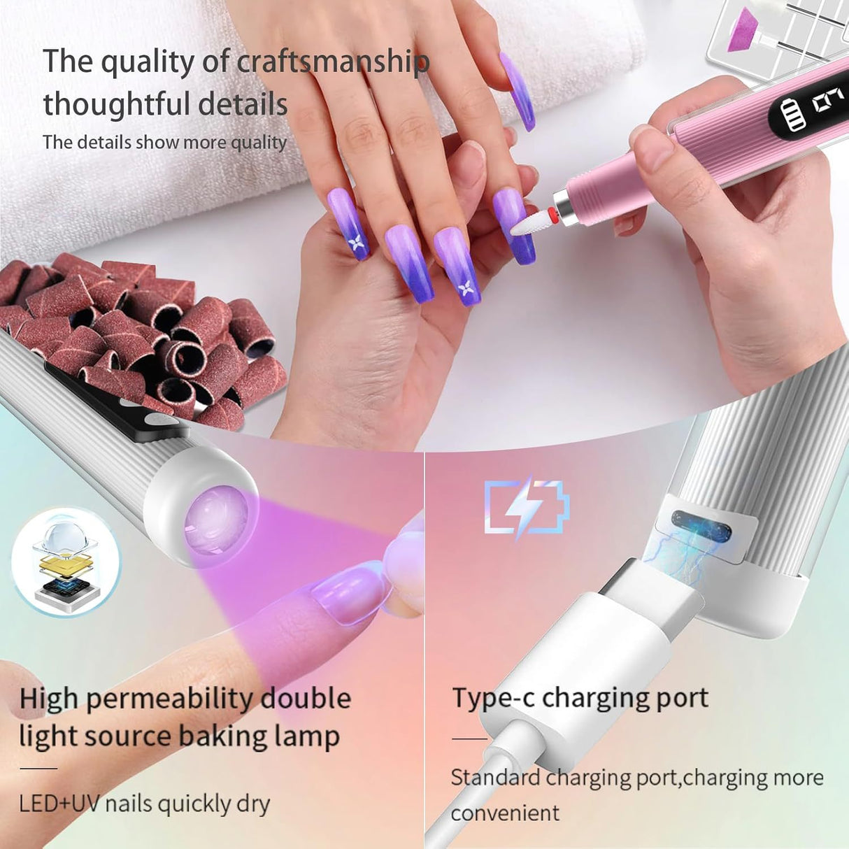Portable Cordless Electric Nail Drill Kit with UV Lamp - 0-20000RPM, LED Display, 12 Bits(Purple)
