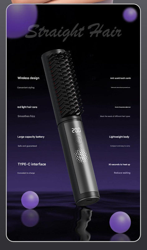 Cordless Hair Straightener Comb - 4 Temperature Settings, USB-C, PTC Heating(purple)