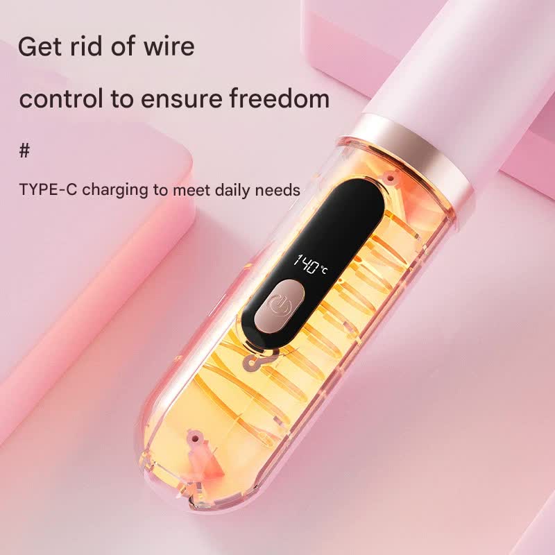 Cordless Hair Straightener Brush - 4000mAh USB-C Rechargeable, 4 Temps, Anti-Scald 3D Comb Design(Pink)