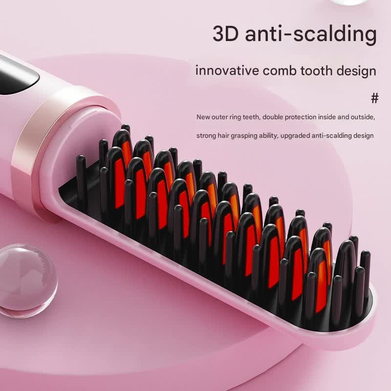 Cordless Hair Straightener Brush - 4000mAh USB-C Rechargeable, 4 Temps, Anti-Scald 3D Comb Design(Pink)