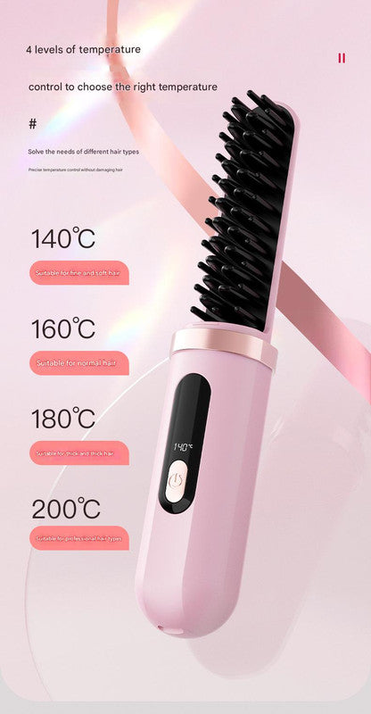 Cordless Hair Straightener Brush - 4000mAh USB-C Rechargeable, 4 Temps, Anti-Scald 3D Comb Design(Pink)