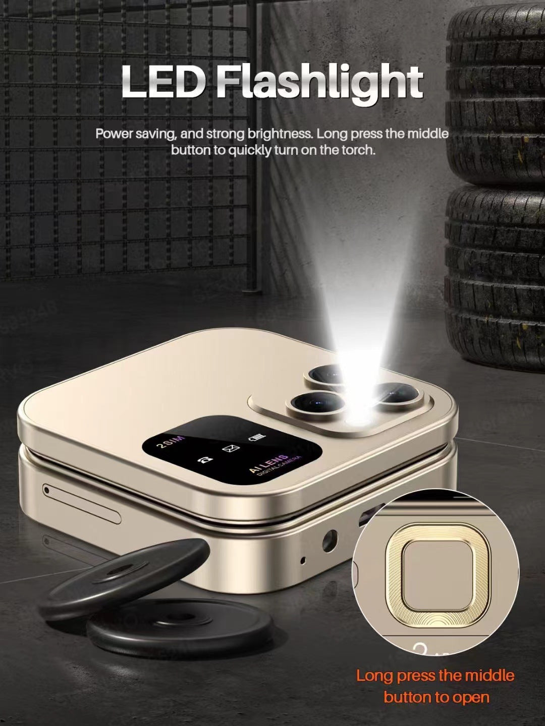 i16 Pro Mini Flip Phone - Dual SIM, AI Lens Digital Camera, Compact & Stylish Design(Gold)