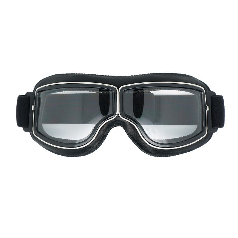 Retro Motorcycle Goggles - Windproof, UV400 Protection, Anti-Impact PC Lenses with Leather Frame(Black leather clear lens)