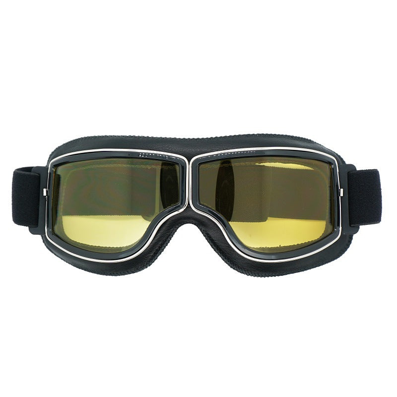 Retro Motorcycle Goggles - Windproof, UV400 Protection, Anti-Impact PC Lenses with Leather Frame(Black leather yellow lens)