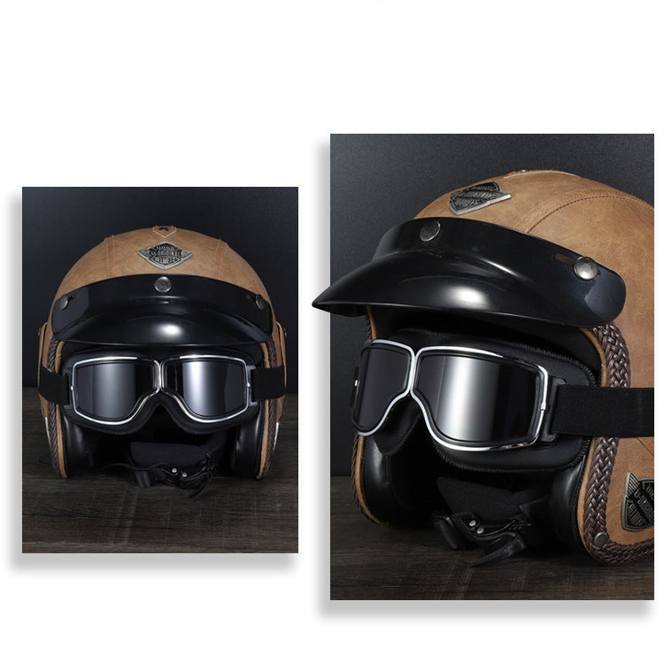 Retro Motorcycle Goggles - Windproof, UV400 Protection, Anti-Impact PC Lenses with Leather Frame(Black leather gray lens)