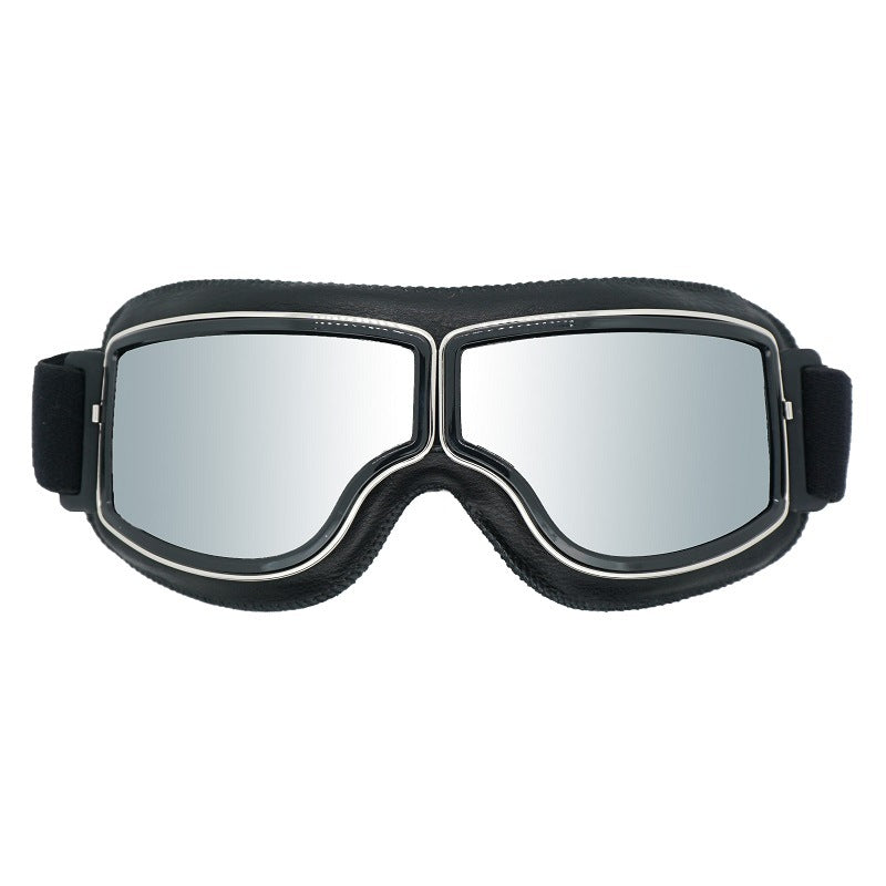Retro Motorcycle Goggles - Windproof, UV400 Protection, Anti-Impact PC Lenses with Leather Frame(Black leather silver lens)