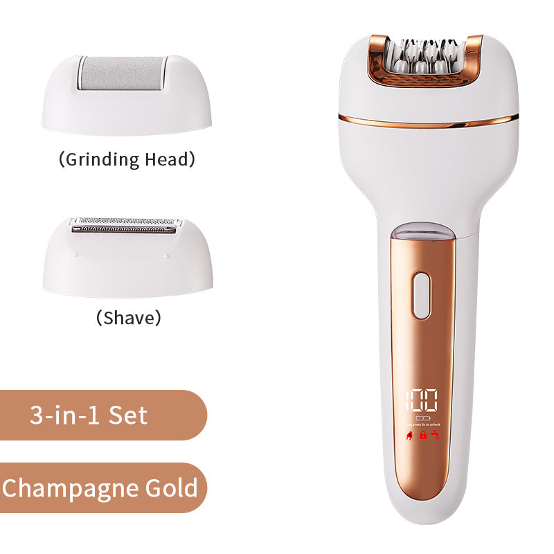 3-in-1 Ladies Electric Epilator, Shaver & Callus Remover with LED Display - Rechargeable & Waterproof(Gold)