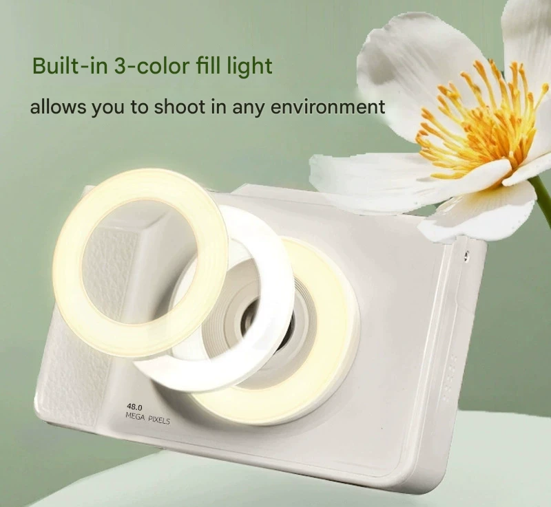 48MP Student Digital Camera with 180 Flip Screen & 3-Setting Fill Light(White)