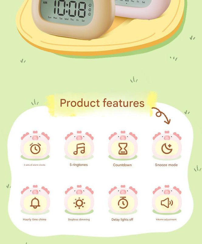 Cute Animal Digital Alarm Clock with Night Light, Temperature & Countdown Timer(Pink salamander)