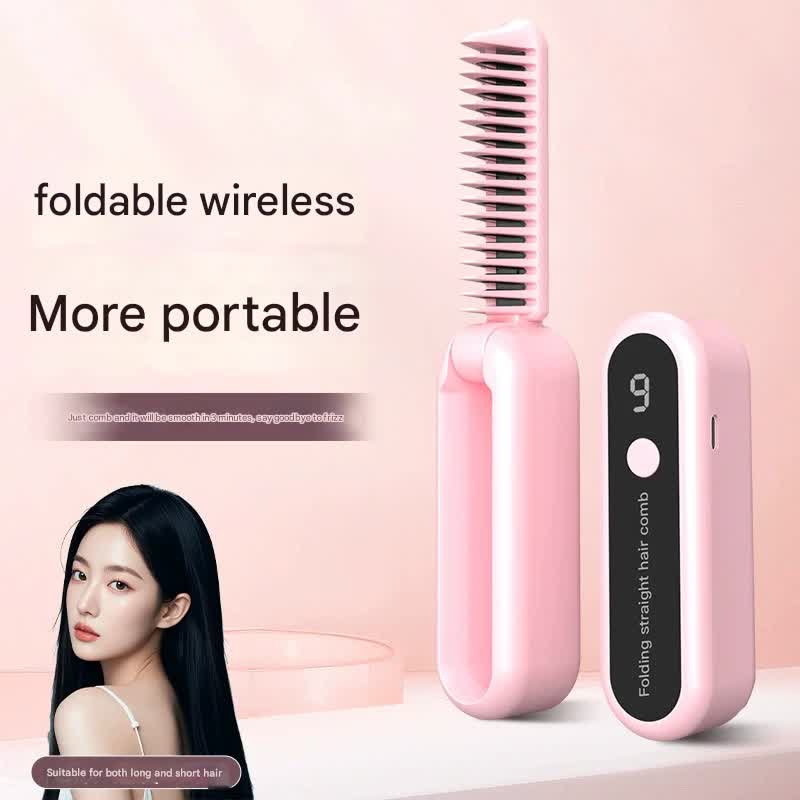 Foldable Wireless Hair Straightener Comb - 9 Temperature Settings, Anti-Scald, USB-C Rechargeable(pink)