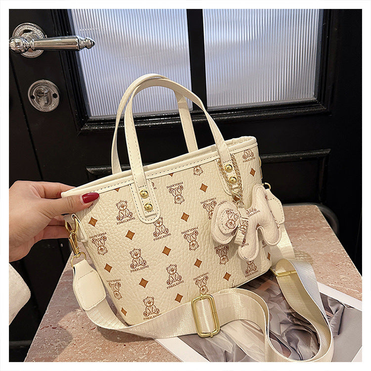 Chic Print Tote Bag with Bear Charm - Versatile Handbag & Crossbody(Beige)