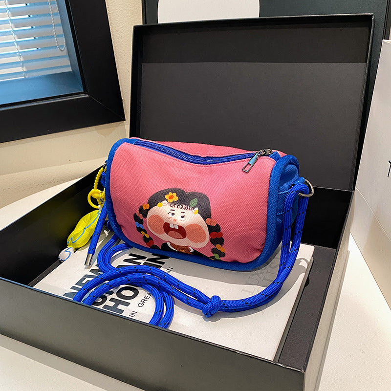 Whimsical Cartoon Girl Crossbody Bag - Lightweight Canvas with Adjustable Rope Strap & Flower Charm(Purple)