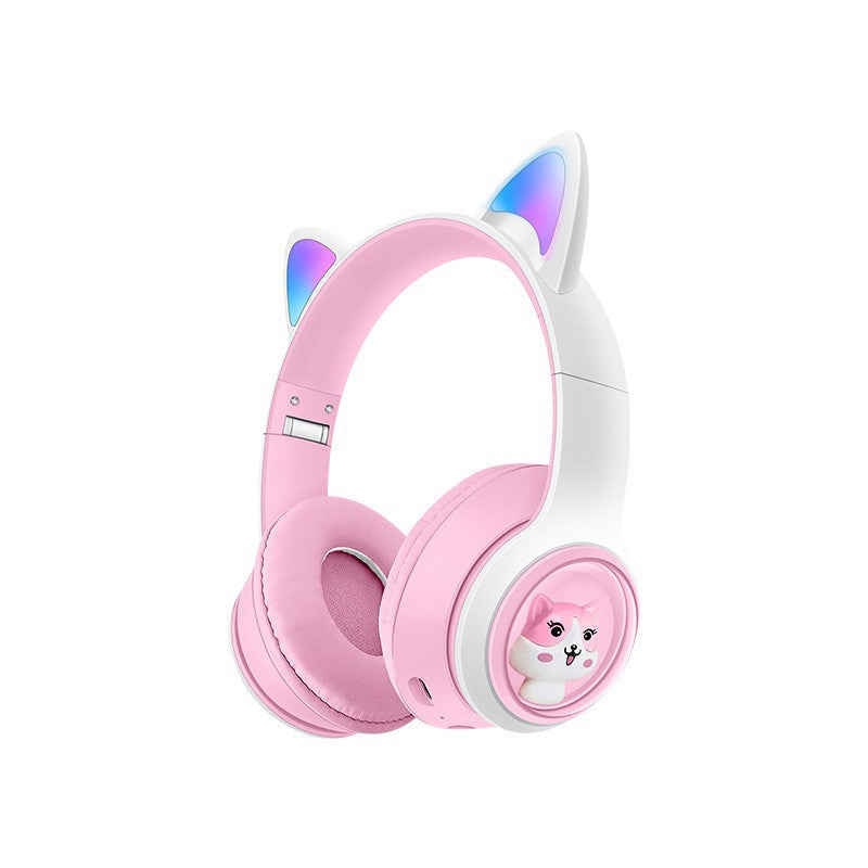 Cute Cat Ear Wireless Headphones - BT5.3, LED Lights, TF Card Slot, Soft Protein Padding(Pink)