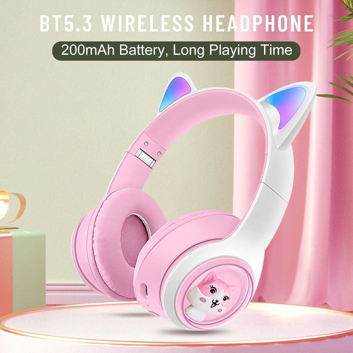 Cute Cat Ear Wireless Headphones - BT5.3, LED Lights, TF Card Slot, Soft Protein Padding(Pink)