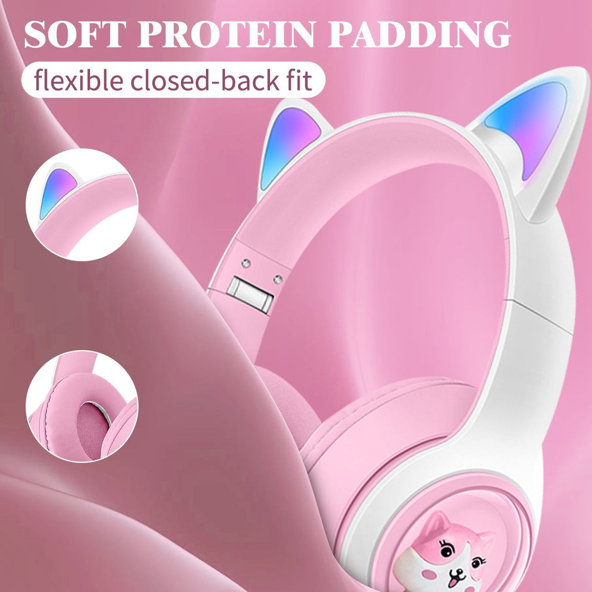 Cute Cat Ear Wireless Headphones - BT5.3, LED Lights, TF Card Slot, Soft Protein Padding(Blue)