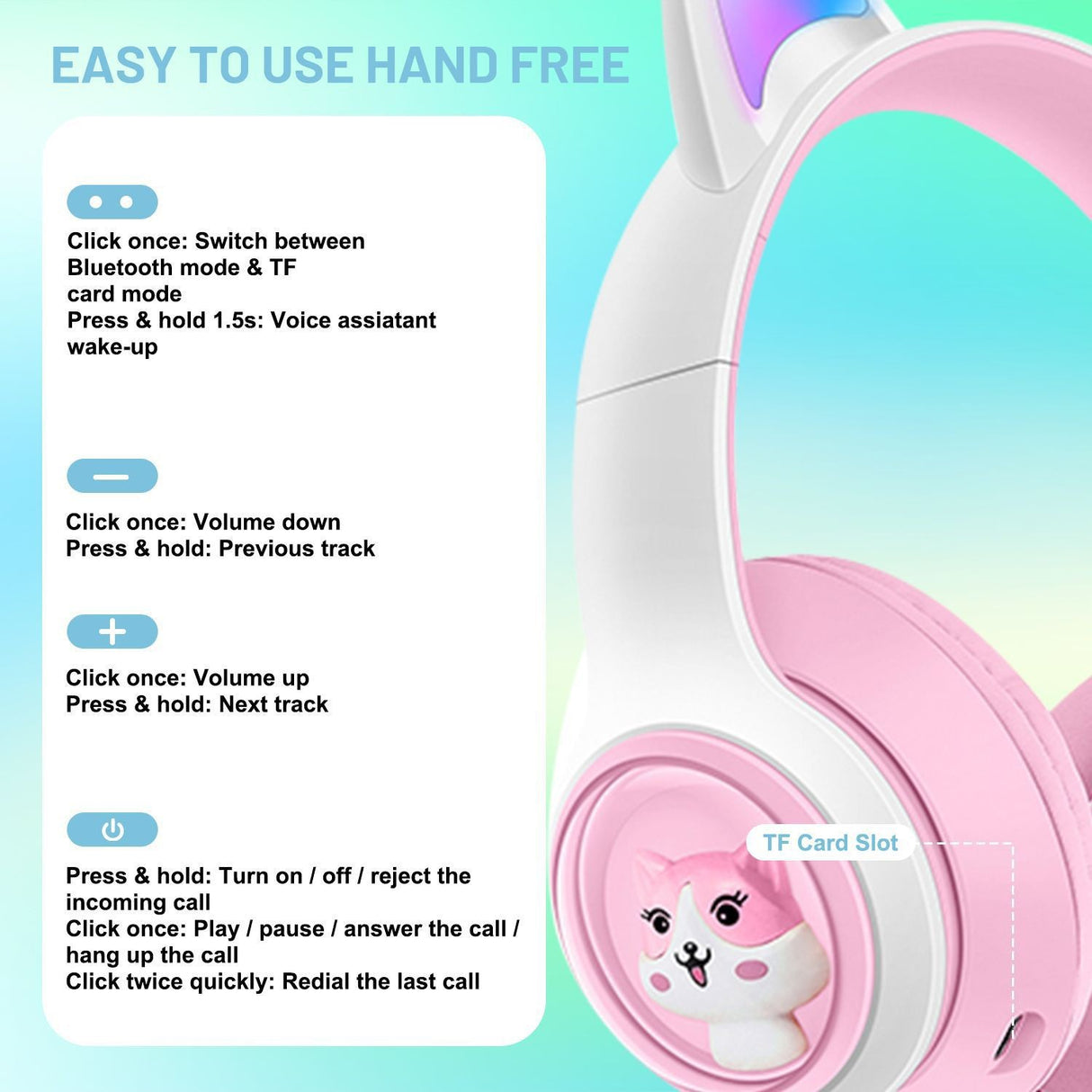 Cute Cat Ear Wireless Headphones - BT5.3, LED Lights, TF Card Slot, Soft Protein Padding(Purple)