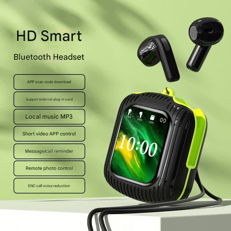 Smart Touch Wireless Headset with MP3 Player & Display - Caller ID, App Control, ENC Noise Reduction(Black green)