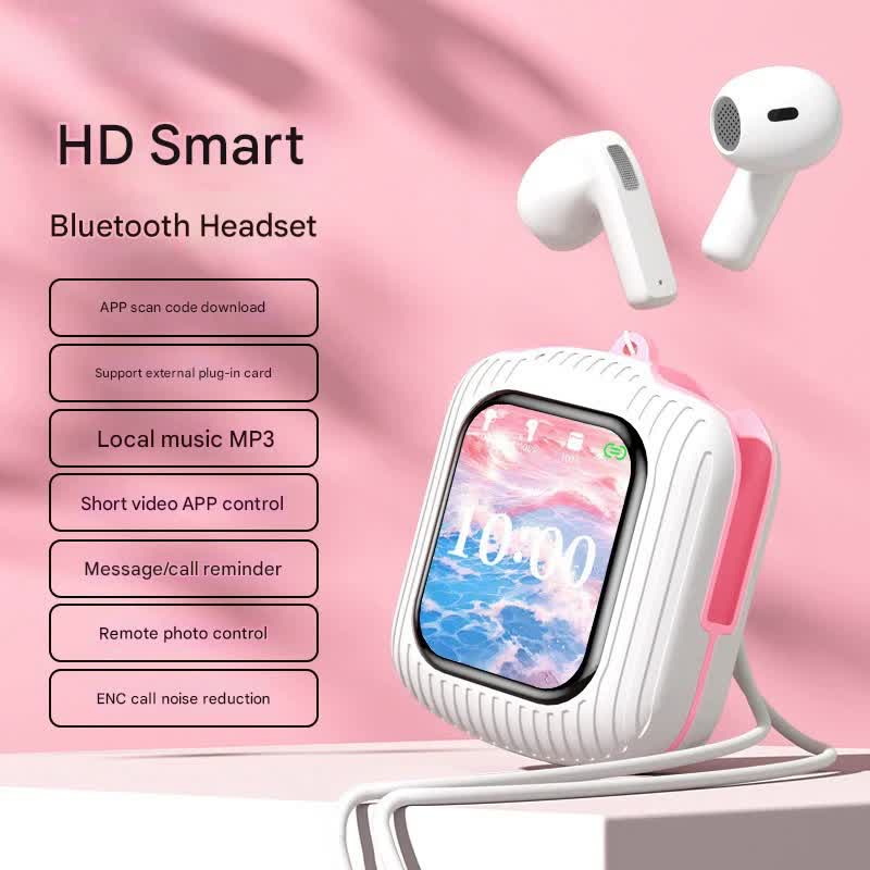 Smart Touch Wireless Headset with MP3 Player & Display - Caller ID, App Control, ENC Noise Reduction(White pink)