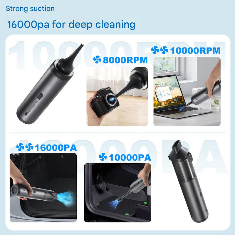 Portable Cordless Handheld Vacuum Cleaner - 16000Pa Suction, 3x2000mAh Battery, Multiple Attachments(black)