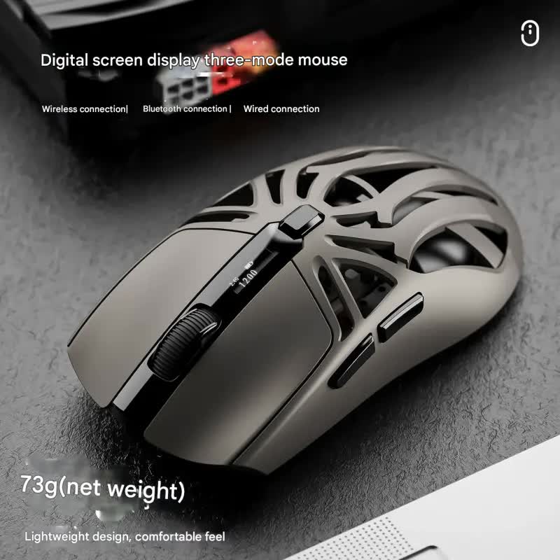 Tri-Mode Wireless Gaming Mouse - 1KHz Polling, 10000 DPI, Digital Display, Lightweight 73g(Black)