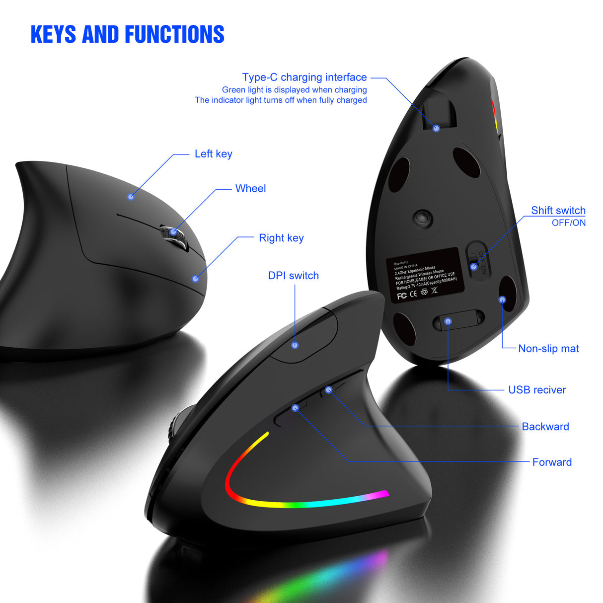 Ergonomic Vertical Wireless Mouse - 2.4G/Bluetooth, Rechargeable, RGB Light, 4 DPI Levels(pink)