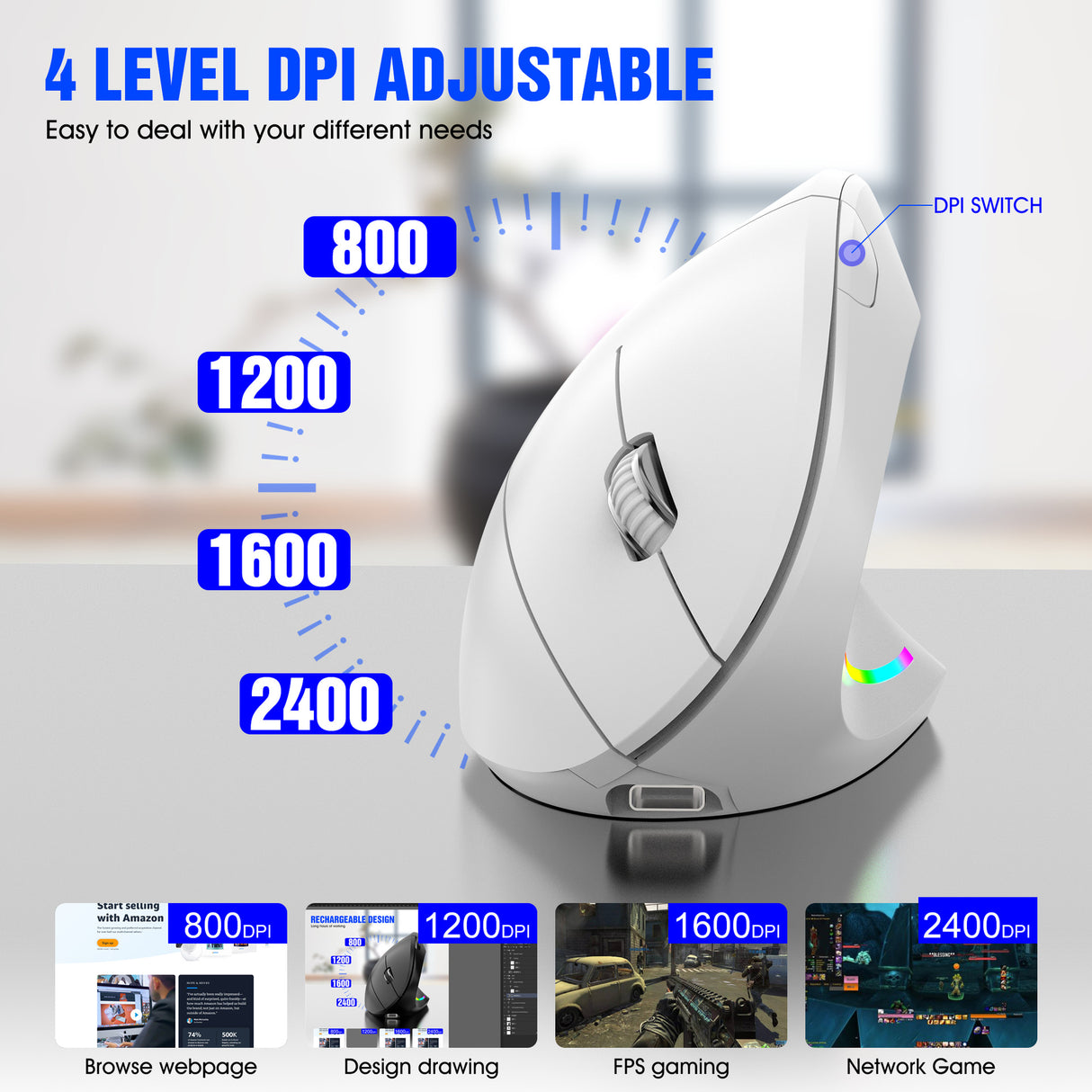 Ergonomic Vertical Wireless Mouse - 2.4G/Bluetooth, Rechargeable, RGB Light, 4 DPI Levels(black)