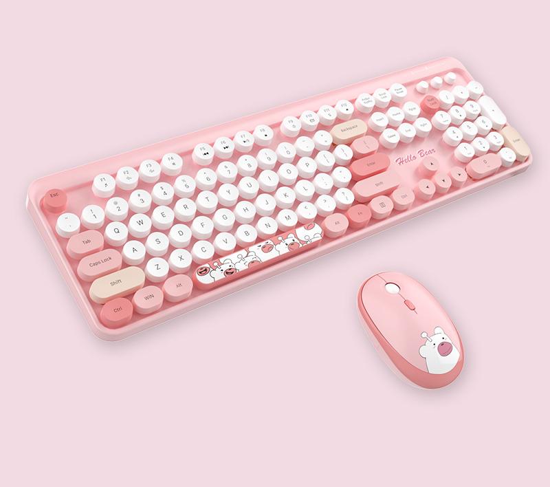 Hello Bear Wireless Keyboard and Mouse Combo - 2.4G Retro Round Keycaps(pink)