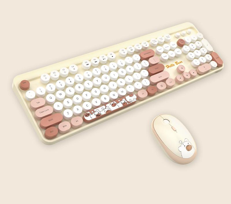 Hello Bear Wireless Keyboard and Mouse Combo - 2.4G Retro Round Keycaps(Milk tea)
