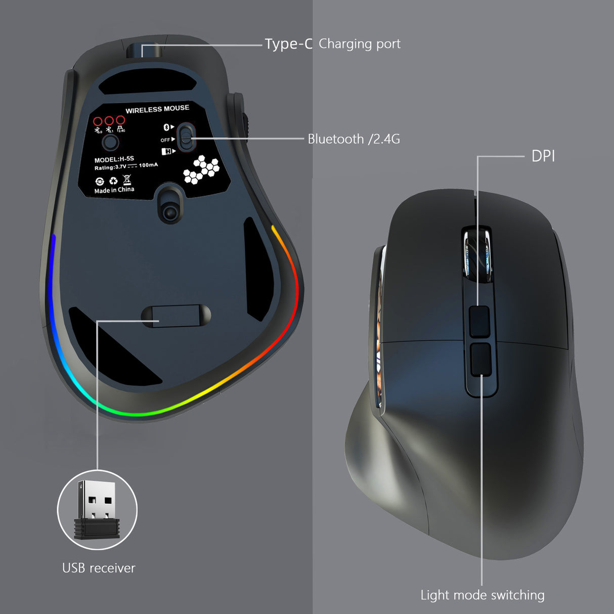 Ergonomic Vertical Wireless Mouse - Dual Mode (2.4G + Bluetooth), RGB Light, Rechargeable 500mAh Battery(Pink)