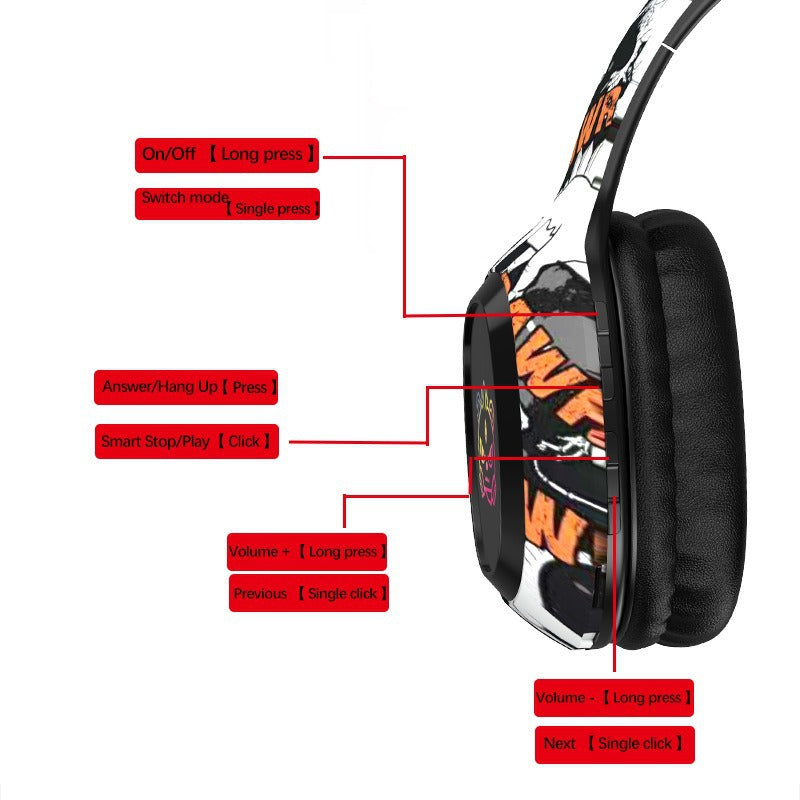 Wireless Over-Ear Headphones with Graffiti Design - Bluetooth 5.3, HIFI Sound, RGB Light, 8H Playtime(red)