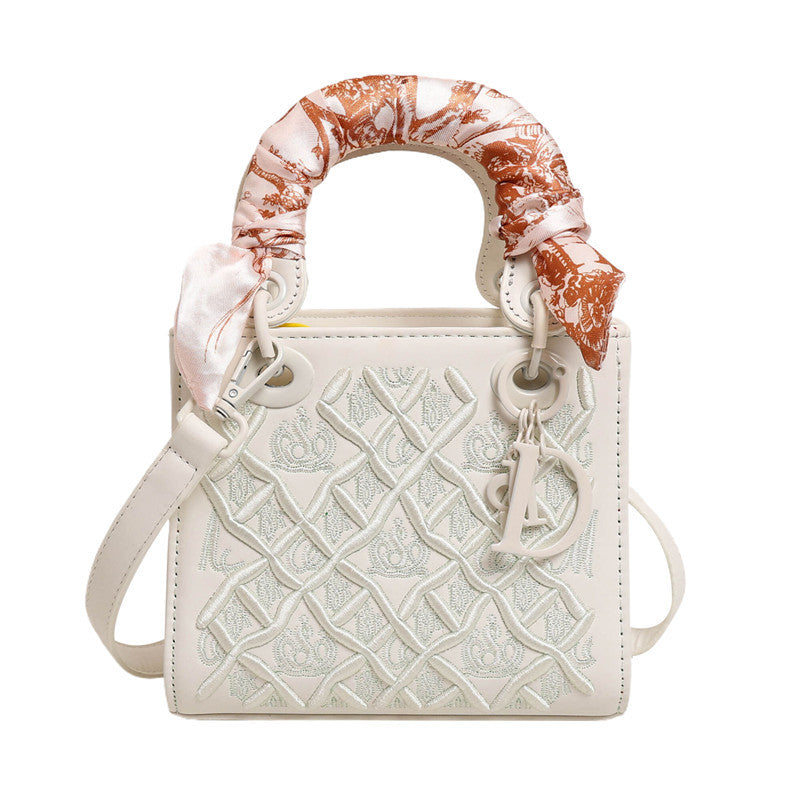 Elegant Embossed PU Leather Handbag with Scarf Detail - Versatile Top-Handle & Crossbody Bag(white)