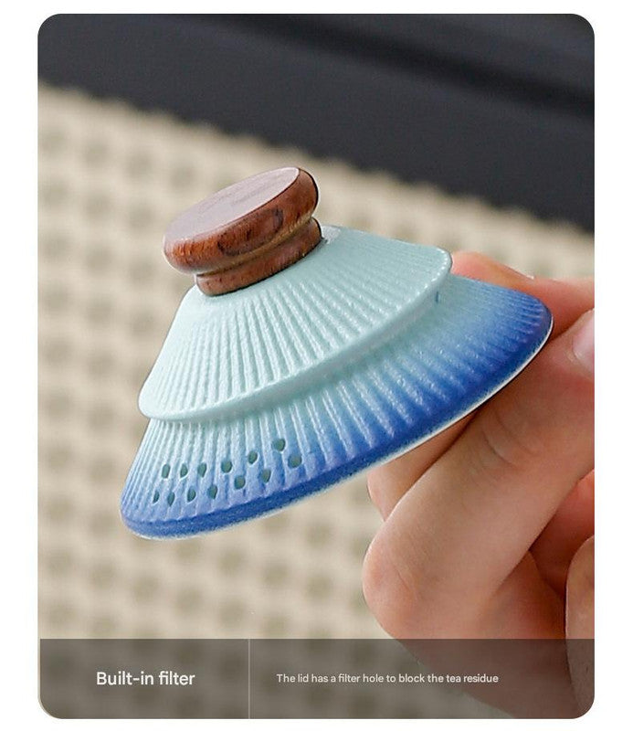 Artisan Ceramic Tea Pot with Built-in Strainer - 280ml, Gradient Finish & Wooden Accents(Blue+green)