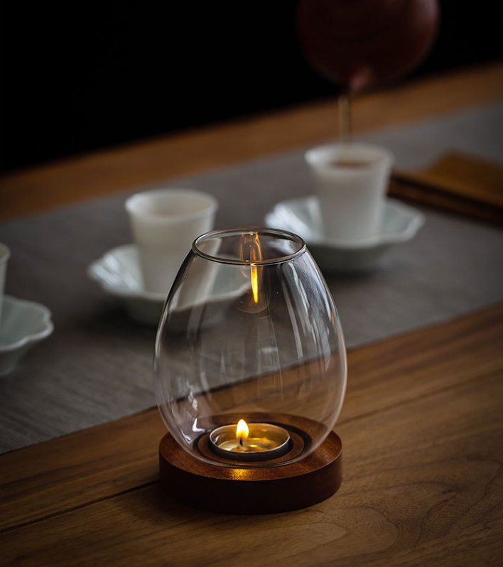 Windproof Glass Candle Cover with Wood Base - For Tealights, Zen Home Accent (Transparent candle holder)