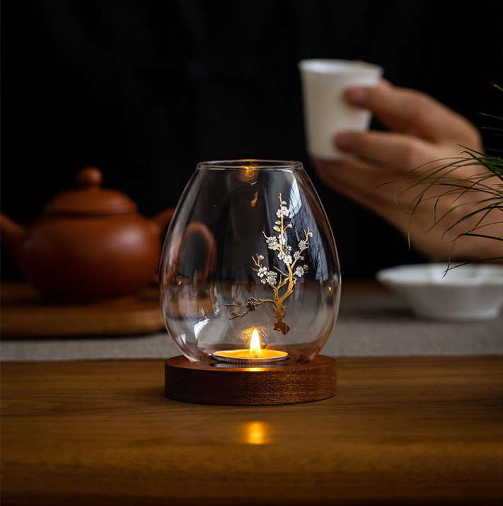 Windproof Glass Candle Cover with Wood Base - For Tealights, Zen Home Accent (Plum blossom candlestick)