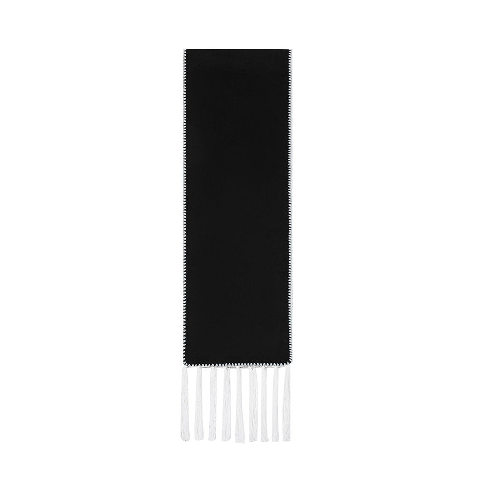 Black Contrast Edge & Tassel Scarf - Chic Autumn/Winter Neckwear (190x30cm)