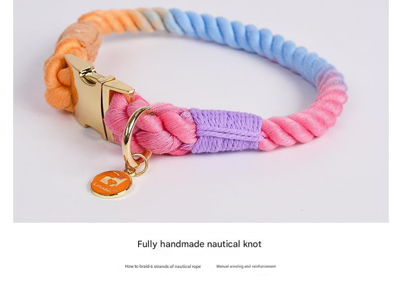 Handmade Gradient Rope Dog Collar & Leash Set - Colorful Braided Cotton (Pink - Size M)