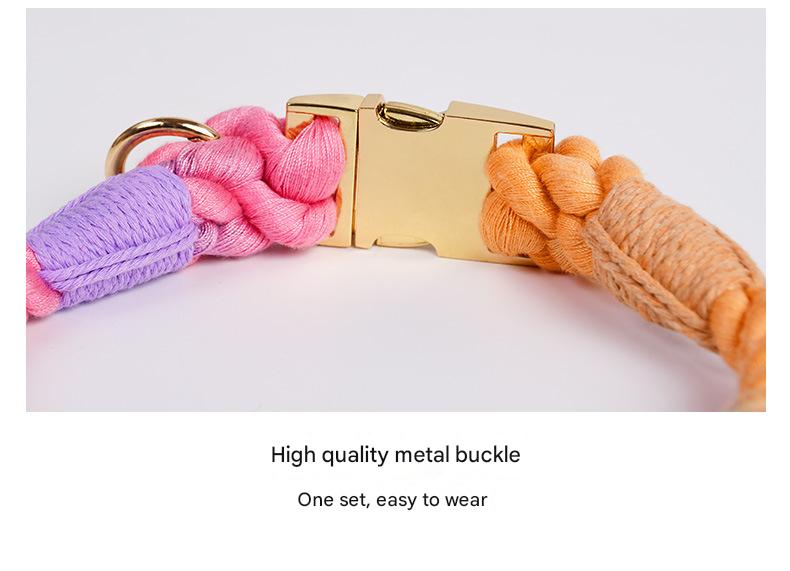 Handmade Gradient Rope Dog Collar & Leash Set - Colorful Braided Cotton (Pink - Size M)