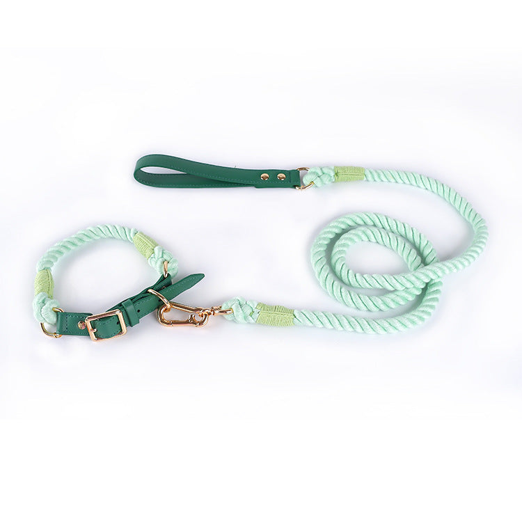 Premium Leather Pet Collar and Leash - Soft, Strong Braided Rope (Green - Size L)