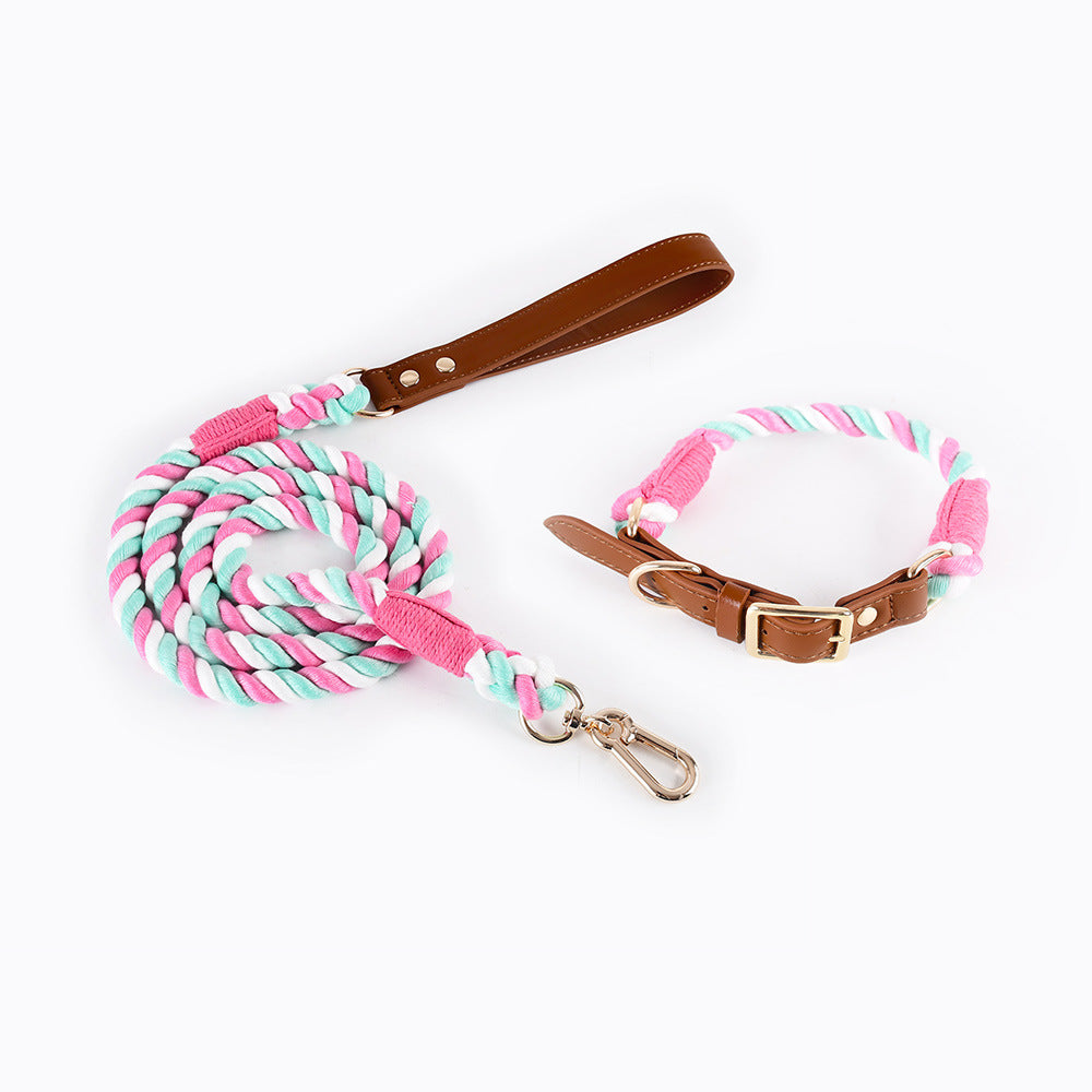 Premium Leather Pet Collar and Leash - Soft, Strong Braided Rope (Pink green - Size S)
