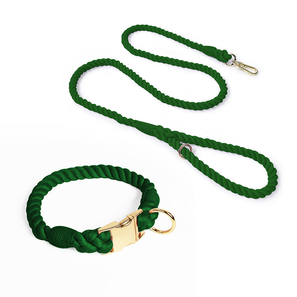 Handmade Rope Dog Collar and Leash Set - Colorful Woven Cotton (Dark green - Size XL)