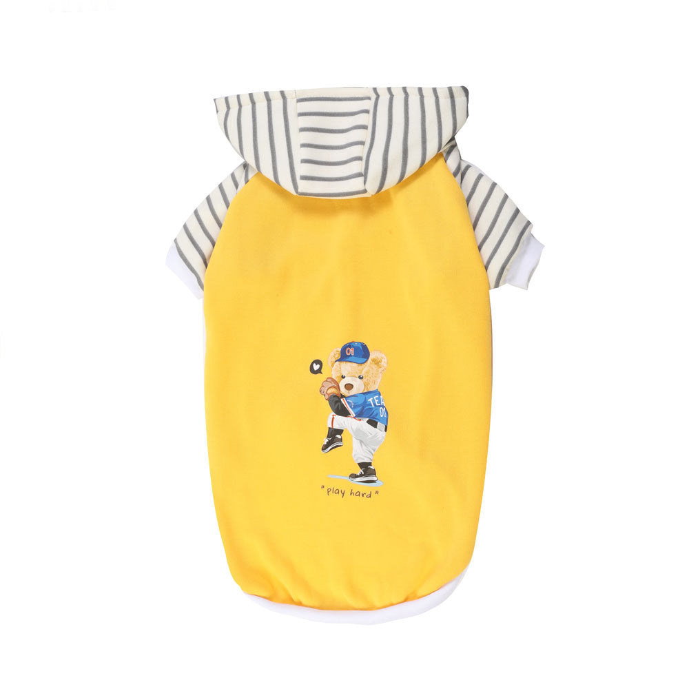 Autumn/Winter Dog Clothes - Yellow Hoodie with Striped Hood & Baseball Bear (Size - 5XL)