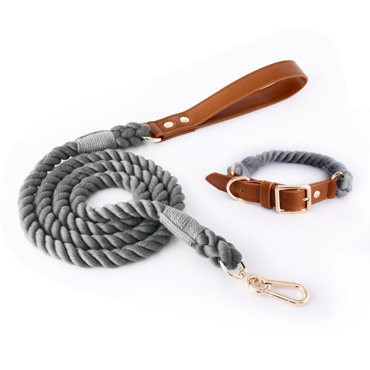 Premium Leather Pet Collar and Leash - Soft, Strong Braided Rope (Dark gray - Size S)