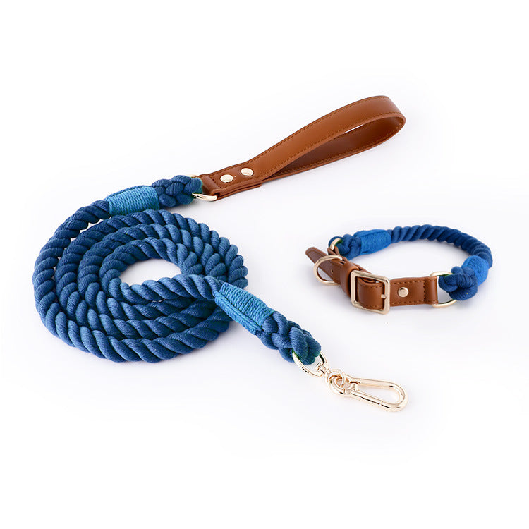 Premium Leather Pet Collar and Leash - Soft, Strong Braided Rope (Navy blue - Size L)