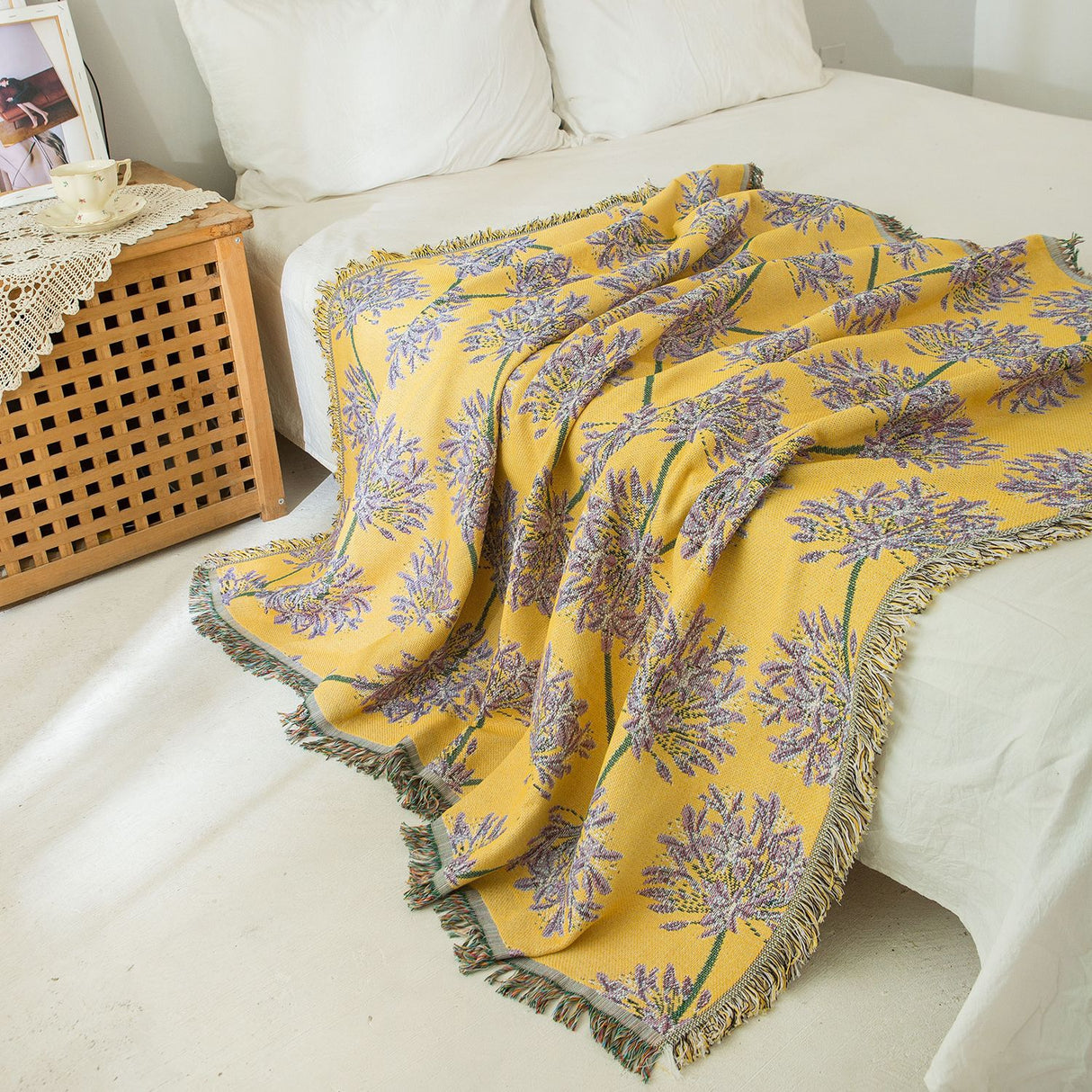 Yellow & Purple Floral Woven Throw Blanket - Chic Botanical Print with Tassels, Cotton Blend Sofa & Bed Cover